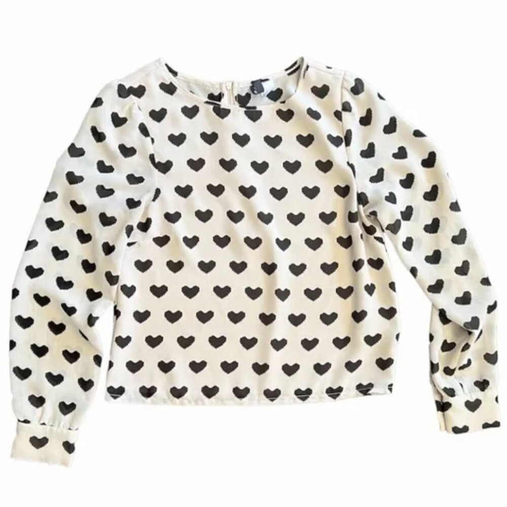 H&M Long Sleeve Cream Blouse with Black Hearts Size 2